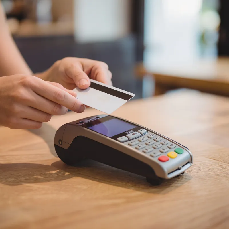Une main de femme tient une carte bancaire pour faire une caution avec un TPE