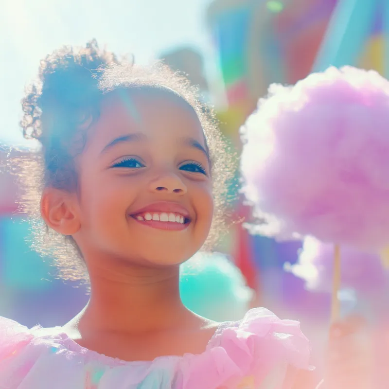 Petite fille souriant devant une barbe a papa