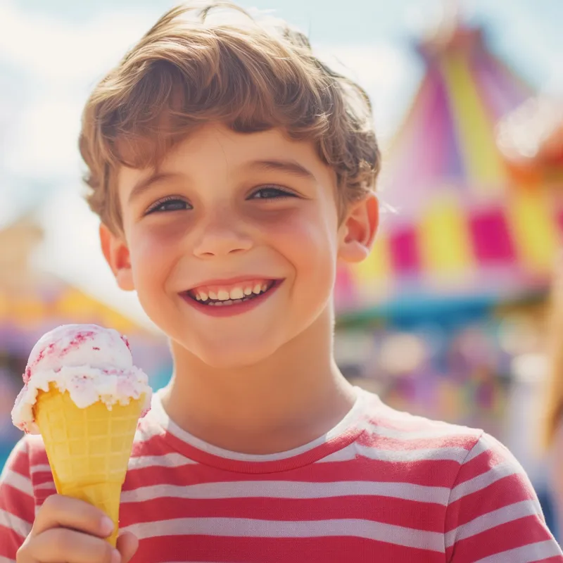 Enfant qui mange une glace devant un chapiteau de cirque