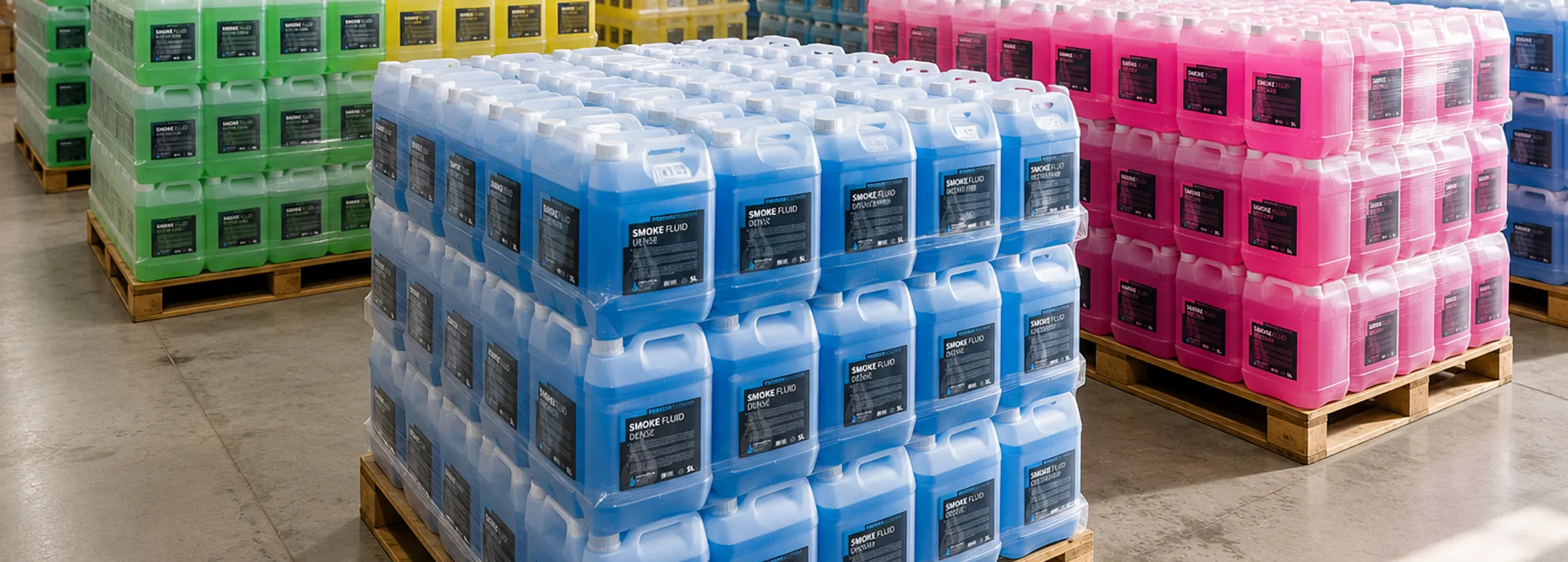 Palettes de liquide a fumée dans un entrepot