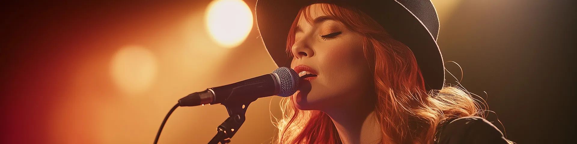 Chanteuse avec un chapeau qui chante avec un micro sur pied