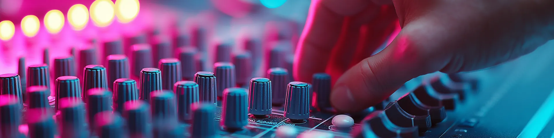 zoom sur la main d'un technicien qui règle les boutons d'une table de mixage